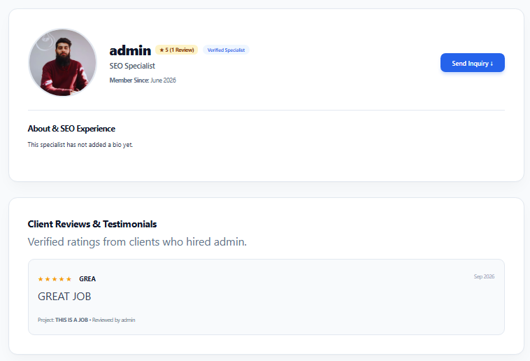SEO Specialist profile setup with specialties and bio